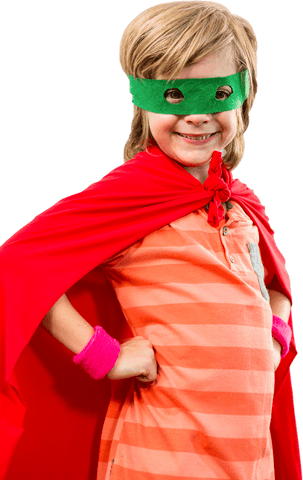 Joyful Kid in Bright Superhero Outfit on Transparent Background
