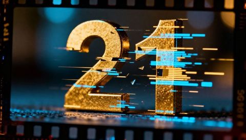 Shimmering gold 21 numerals glinting amid electric blue glitch streaks and film border