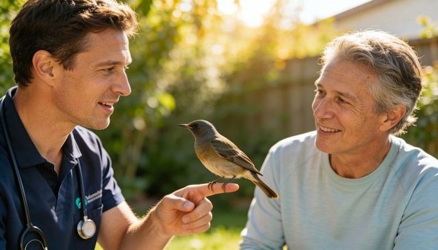 Doctor holding finger with songbird perching, senior man smiling in sunny backyard