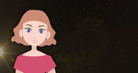 this artistic depiction of a cartoon woman features her with short, wavy hair and blue eyes, presenting a calm and serene demeanor. set against a vividly illustrated starry night sky, her pink top and understated black earrings enhance the aesthetic appeal. ideal for use in digital narratives or creative projects emphasizing tranquility, artistry, and fantasy themes.