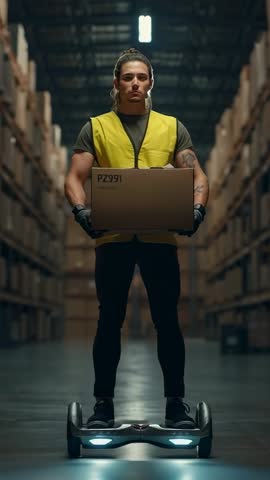 Gliding Warehouse Worker Carrying Box on Hoverboard in High-Rack Aisle Vertical Video
