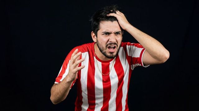 Frustrated soccer fan shouting and grasping head in red white striped jersey