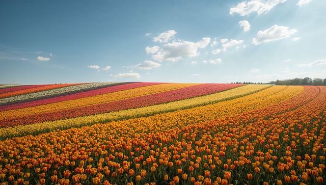 Vibrant multicolored tulip fields blooming under sunny skies
