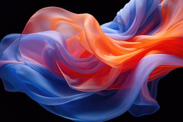 Blue and orange silk material on black background, created using generative ai technology. Fabric, texture and colour concept digitally generated image.