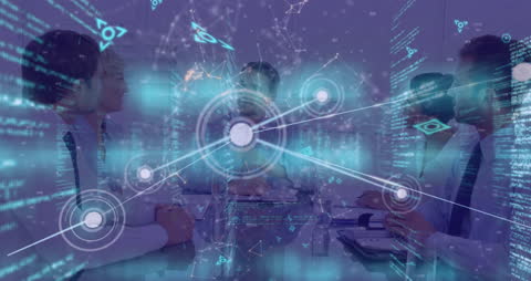 Teamwork Concept: Office Meeting with Tech Strategies Overlay