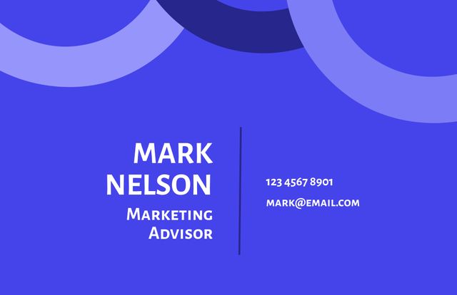 This professional business card template features a dynamic blue background, perfect for marketing advisors or other corporate professionals. The minimalist design emphasizes essential contact information and presents a crisp, polished appearance, making it ideal for networking events, client meetings, and marketing purposes.