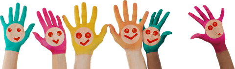 Transparent colorful painted hands with smiley faces