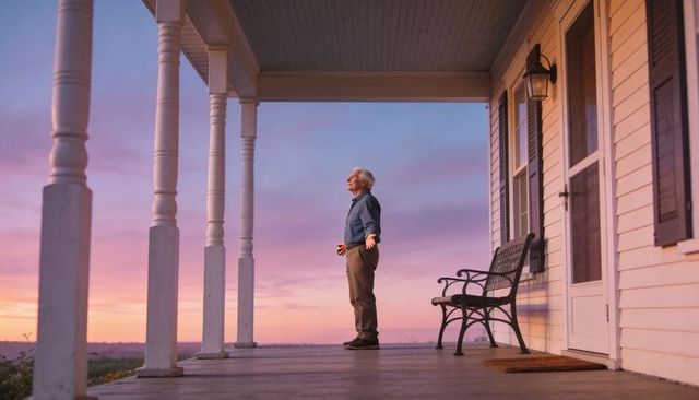 Senior man standing on farmhouse porch watching sunrise over countryside