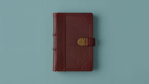 Leather-bound notebook with gold clasp on blue surface