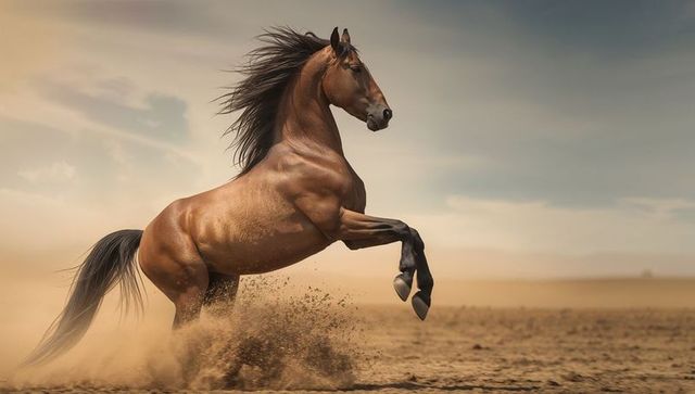 Powerful Brown Horse Rearing Majesty Under Vast Open Sky