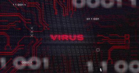 Red virus alert on cybersecurity dashboard with binary code and circuit board traces