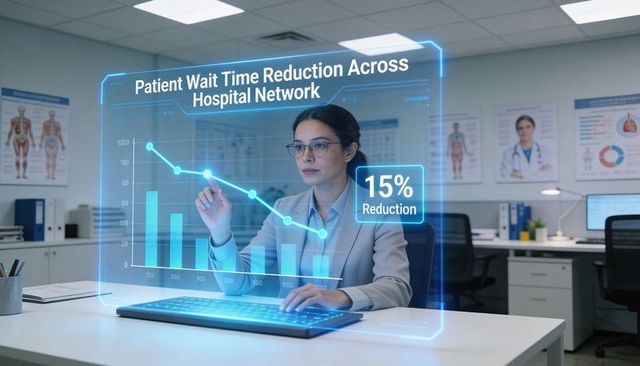 Asian healthcare analyst using holographic dashboard cutting patient wait times across network