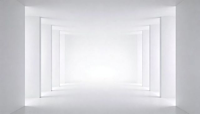 Minimal white corridor receding through symmetrical pillars with reflective glossy modern floor