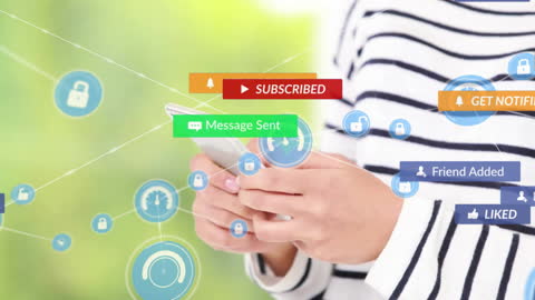 Digital Network Overlay on Smartphone User with Social Media Icons