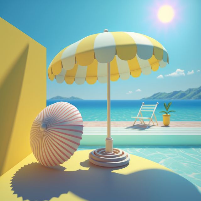 Sunny Tropical Poolside Scene with Umbrella and Ocean View - Download Free Stock Images Pikwizard.com