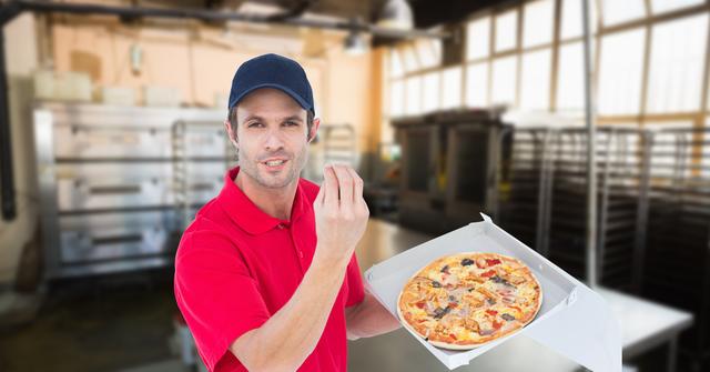 Delivery man in red uniform holding pizza box and gesturing in commercial kitchen. Ideal for use in advertisements for food delivery services, restaurant promotions, and pizzeria marketing materials.