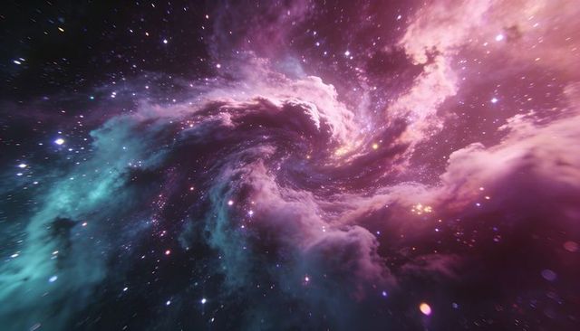 Swirling teal-purple nebula vortex with luminous star clusters and dust lanes