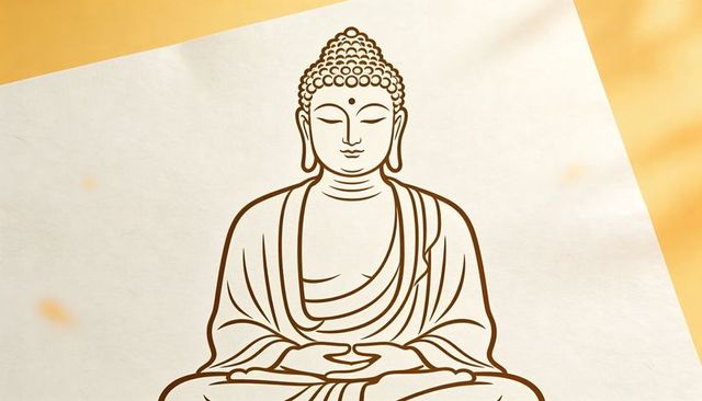 Serene line art buddha sitting in meditation on warm paper background