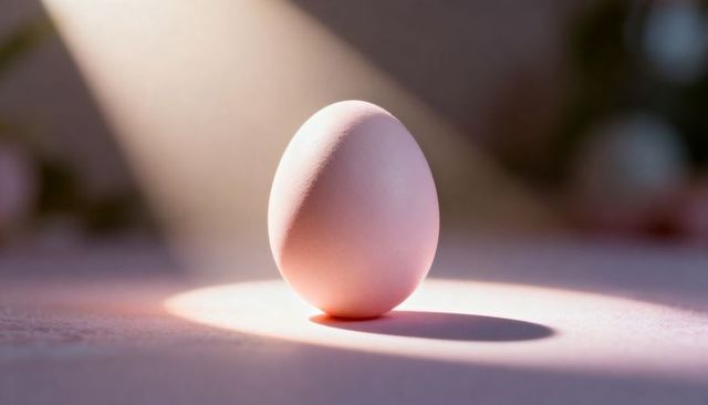Single egg standing under spotlight casting crisp shadow on pastel tabletop