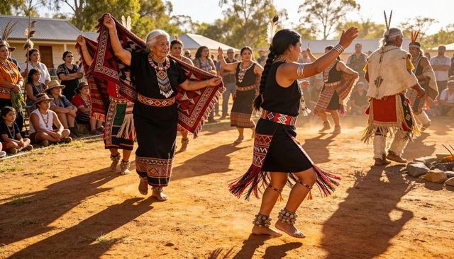 Elders and women dancing in traditional regalia at outdoor community ceremony at sunset