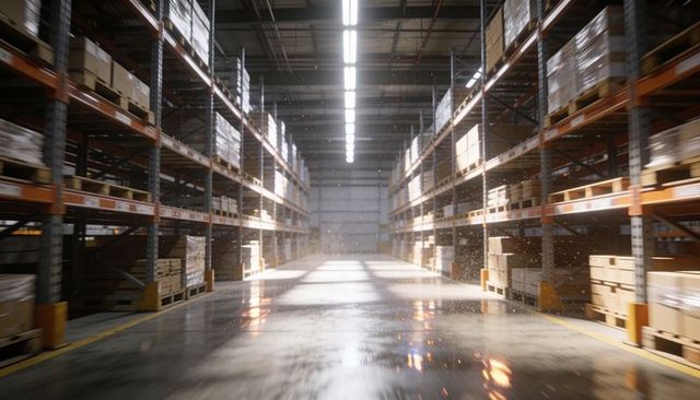 Wet warehouse aisle reflecting led lights with pallet racks and stacked boxes