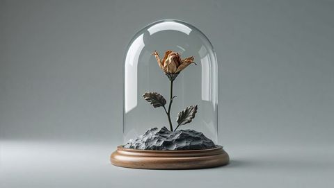 Dried rose under glass dome capturing timeless elegance