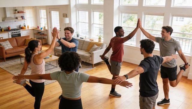 Group doing partner stretching and balance exercises in bright home living room