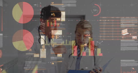 Overlay of Financial Graphics on Doctors Analyzing Reports