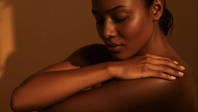 Dewy dark-skinned woman resting hand on shoulder in warm amber glow