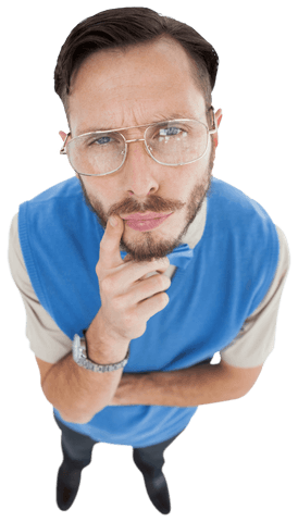 Transparent man thinking doubts gaze direct sweater thoughts