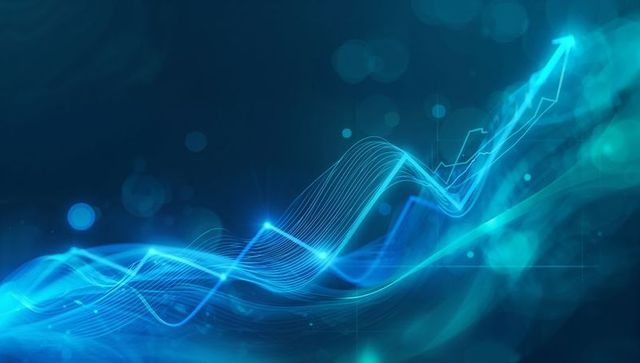 Cyan Waveform Ribbons with Rising Trend Arrow, Futuristic Data Flow Background for Tech and Finance