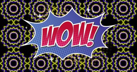 Vibrant wow text with dynamic patterns and lights