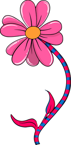 Pink flower with blue-red striped stem on transparent background