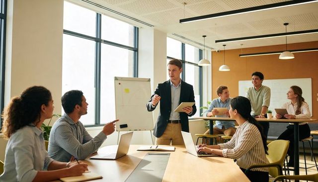 Executive presenting strategy to collaborative team in conference room with whiteboard