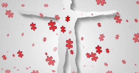 Human Silhouette Filled with Floating Red Puzzle Pieces