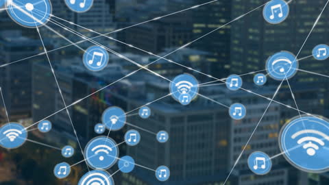 Digital Music Network Interface Over Bustling Cityscape