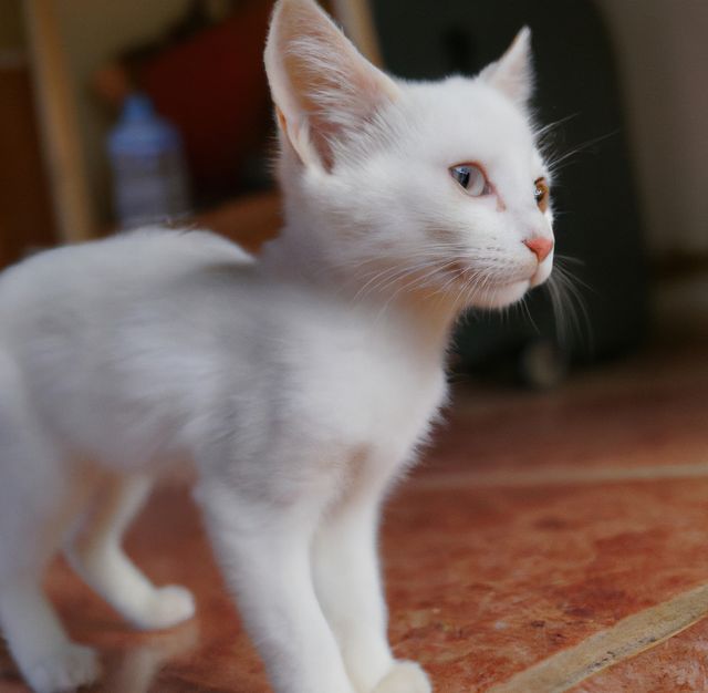 A young white kitten with a curious expression is exploring an indoor space. The kitten appears alert and ready to play, making it ideal for use in content related to pet care, animal behavior, and domestic life. This image can be used in articles, blogs, social media posts, or websites aimed at pet owners or animal lovers.
