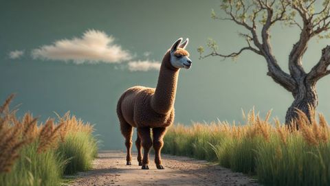 Serene nature scene with brown llama in scenic pathway