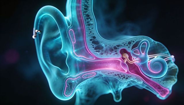 Translucent neon 3d ear cross-section showing inner ear anatomy and auditory structures