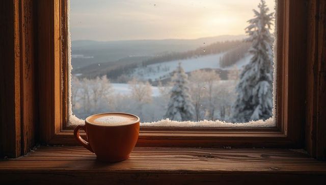 Cozy winter latte resting on rustic windowsill overlooking snowy mountain sunrise
