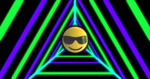 Floating sunglasses emoji drifting through neon triangle tunnel with vibrant glowing lines