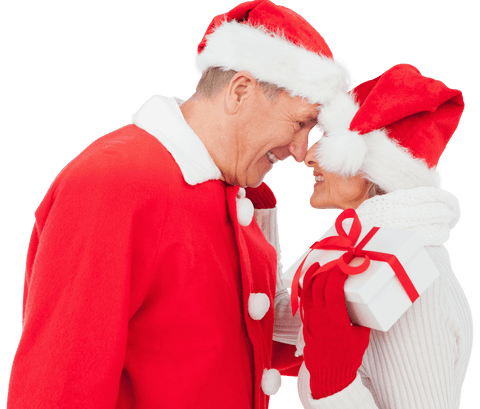 Happy Caucasian Couple in Santa Hats Sharing Holiday Gift on Transparent Background