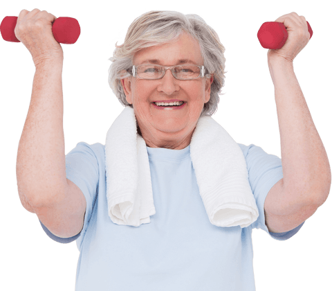 Senior woman lifting hand weights transparent background