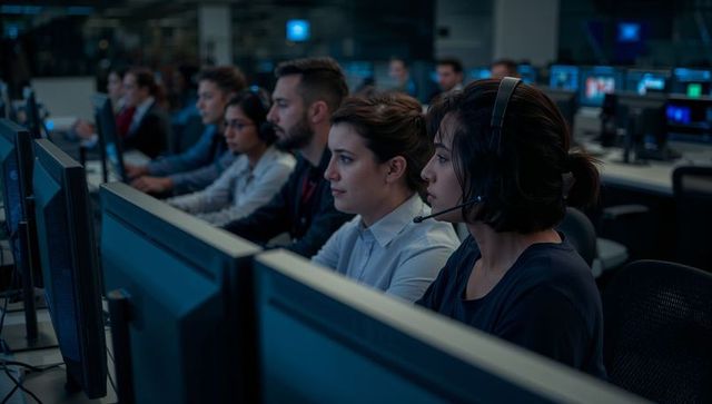 Asian female wearing headset monitoring multiple screens in 24/7 operations center