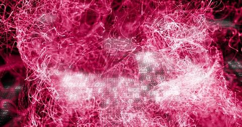 Swirling magenta data stream forming binary code matrix with glowing nodes