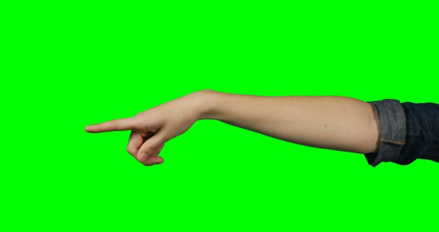 Scene features a hand and arm pointing finger at green screen background. Useful for creating visual effects, presentations, advertisements, or educational illustrations that require indicating or emphasizing objects. Ideal for content creators needing a hand gesture on a transparent background for versatile applications.
