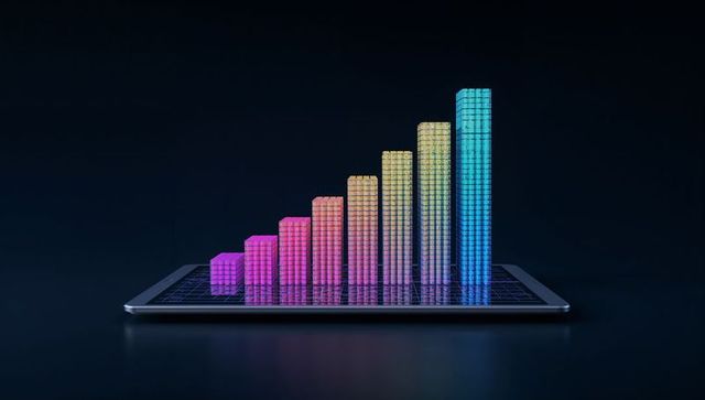 3d bar chart emerging from tablet with gradient colors on dark background