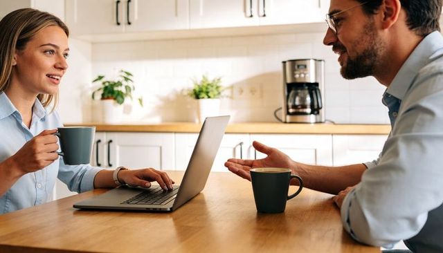 Couple working from home over coffee discussing plans on laptop in modern kitchen