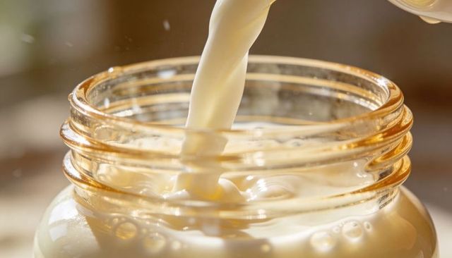 Pouring creamy milk into glass jar close-up with sunlit bokeh and milk bubbles