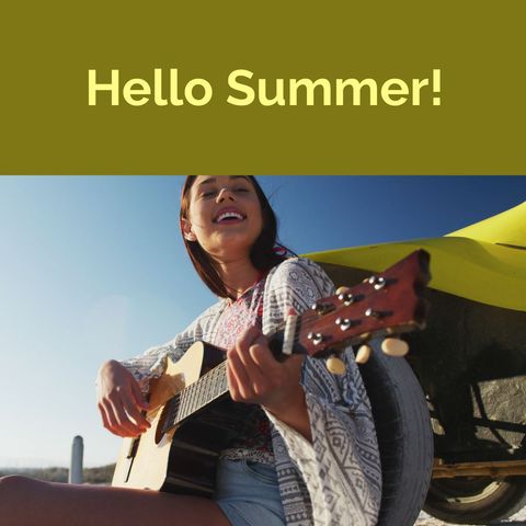 Joyful woman playing guitar at sunny beach